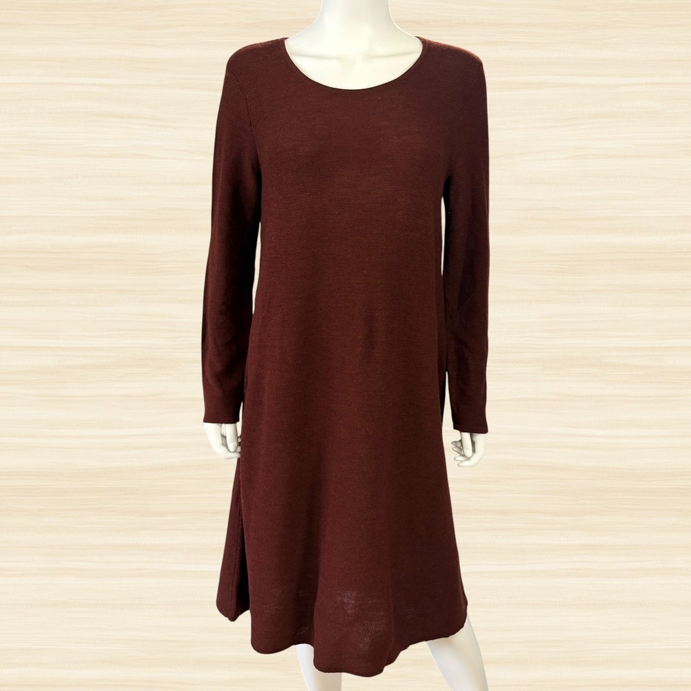 Eileen Fisher Merino Wool Sweater Dress Brown Italian Yarn Quiet Luxury Womens M